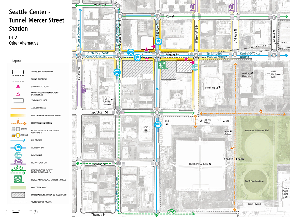 A map that describes how pedestrians, bus riders, bicyclists, and drivers could access the Seattle Center - Tunnel Mercer Street Station Alternative.